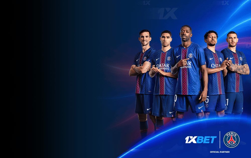 Football players in club kit posing together, representing 1xBet's football sponsorship activity